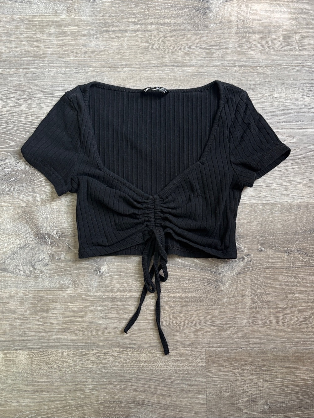 Black Ribbed Drawstring Crop Top - Women